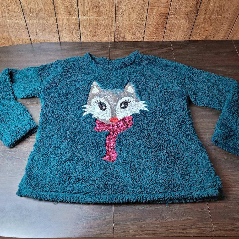 Time and tru soft green fuzzy fox sequined fleecey sweater shirt